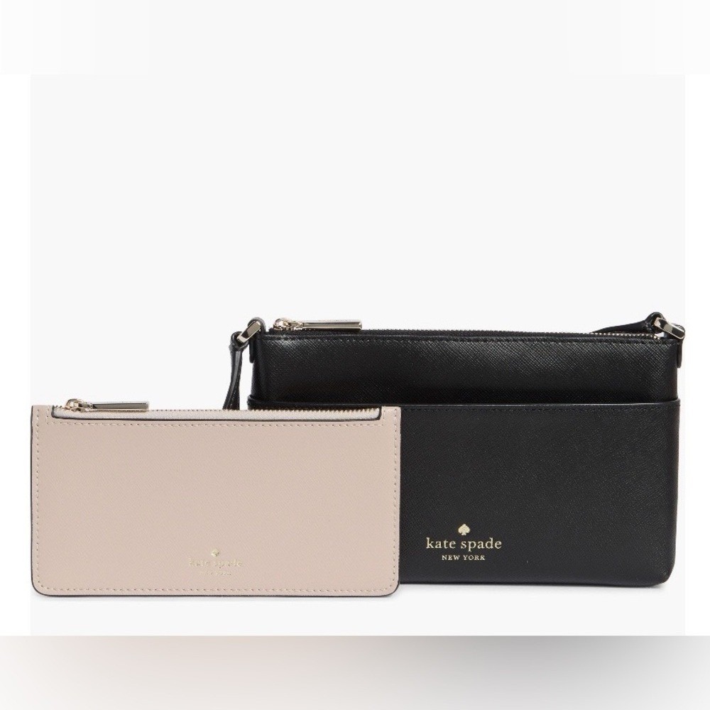 Kate Spade Textured Leather Crossbody Bag with Removable Pouch,‎ Black/Pink, NWT